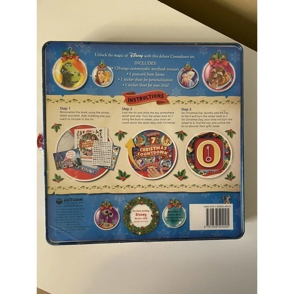 Disney NEW Christmas 7 Day Countdown Tin With Lock Activities Stickers Set